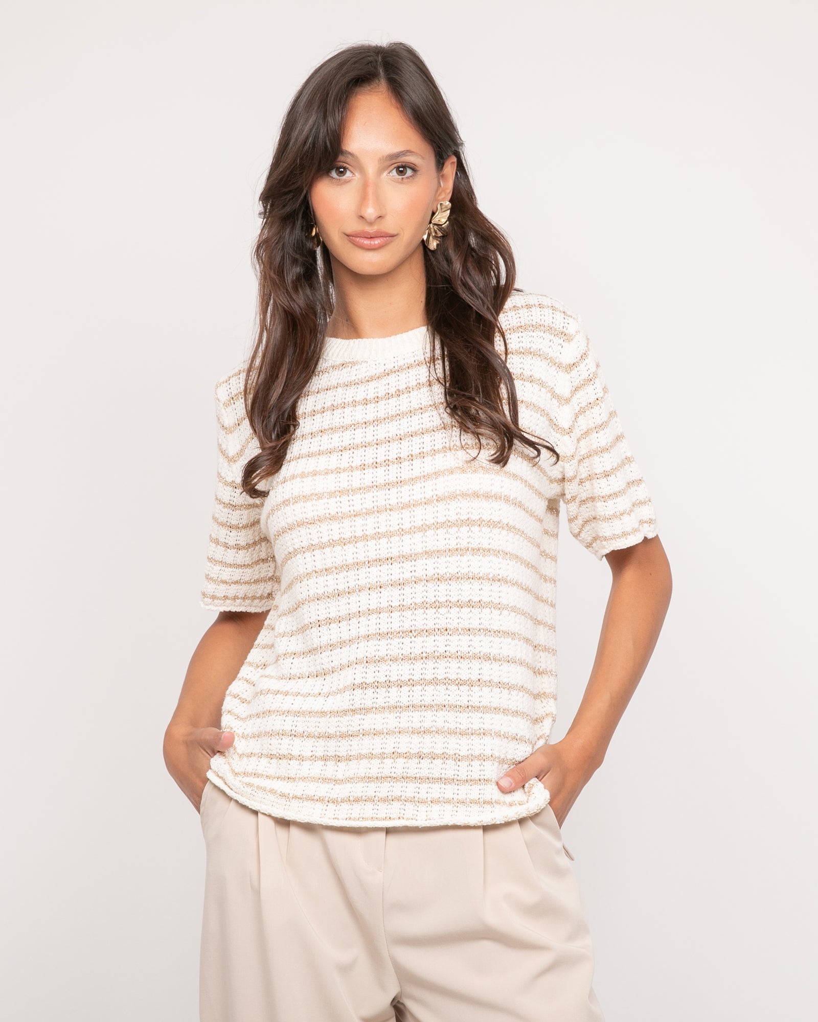 Pull manches courtes rayures lurex KIZAIA