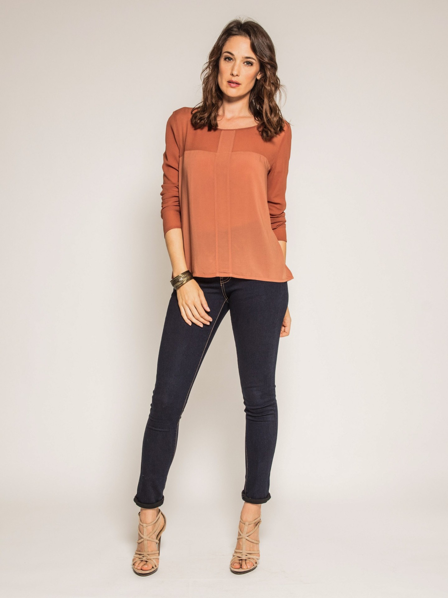 Blouse col rond manches longues bimatière ORIANE