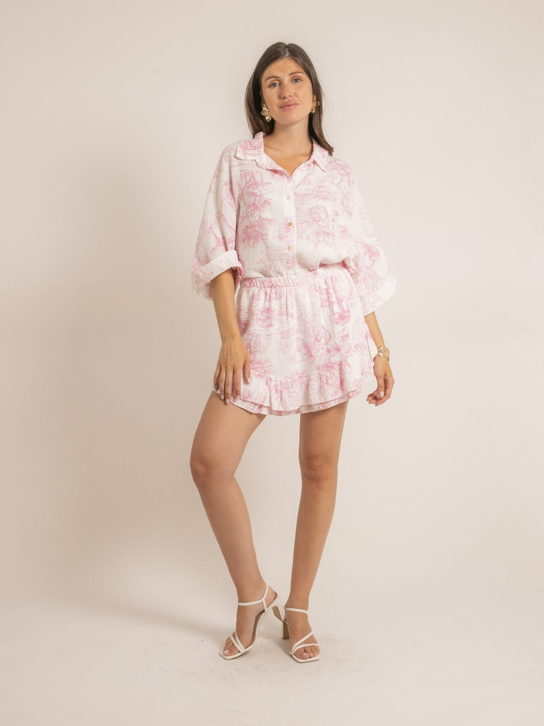Jupe courte gaze de coton motifs toile de jouy XALONE