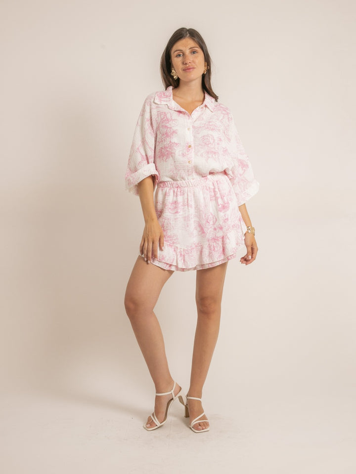 Jupe courte gaze de coton motifs toile de jouy XALONE